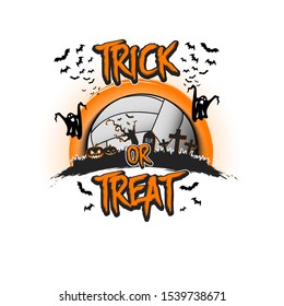 Halloween pattern. Trick or treat. Volleyball template design. Volleyball ball, pumpkins, spooky tree, crosses, coffin, ghost and bat. Pattern for banner, poster, party invitation. Vector illustration