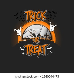 Halloween pattern. Trick or treat. Volleyball template design. Volleyball ball, pumpkins, spooky tree, crosses, coffin, ghost and bat. Pattern for banner, poster, party invitation. Vector illustration