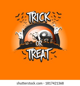 Halloween pattern. Trick or treat.m Billiard template design. Billiard ball, pumpkins, spooky tree, crosses, coffin, ghost and bat. Pattern for banner, poster, party invitation. Vector illustration