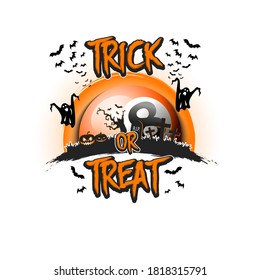 Halloween pattern. Trick or treat.m Billiard template design. Billiard ball, pumpkins, spooky tree, crosses, coffin, ghost and bat. Pattern for banner, poster, party invitation. Vector illustration
