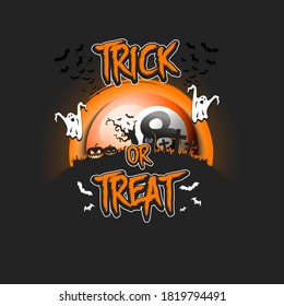 Halloween pattern. Trick or treat.m Billiard template design. Billiard ball, pumpkins, spooky tree, crosses, coffin, ghost and bat. Pattern for banner, poster, party invitation. Vector illustration