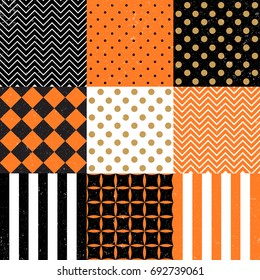 Halloween Pattern vector. Black, orange and white background. Geometric dots, circle, square, stripe and zigzag.