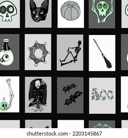 Halloween pattern. Vector Design elements for a holiday. Black cat, web, ghost, grave, skeleton, bones as logo, icon, blank for designer, print