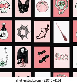 Halloween pattern. Vector Design elements for a holiday. Black cat, web, ghost, grave, skeleton, bones as logo, icon, blank for designer, print