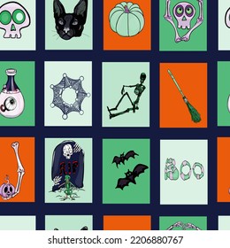 Halloween pattern. Vector Design elements for a holiday. Black cat, web, ghost, grave, skeleton, bones as logo, icon, blank for designer, print