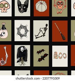 Halloween pattern. Vector Design elements for a holiday. Black cat, web, ghost, grave, skeleton, bones as logo, icon, blank for designer, print