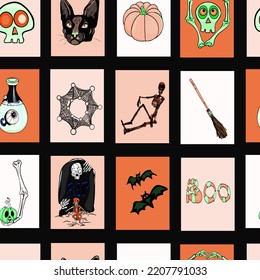 Halloween pattern. Vector Design elements for a holiday. Black cat, web, ghost, grave, skeleton, bones as logo, icon, blank for designer, print