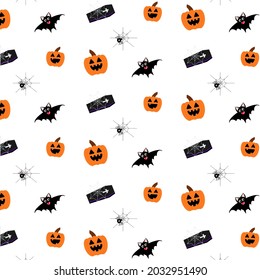 Patrón de Halloween. Vector. Felices fiestas. Sobre un fondo blanco. Aleta, murciélago, araña, calabaza.