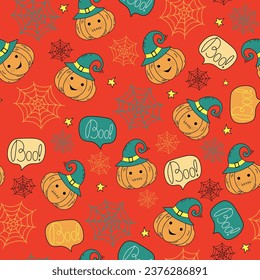  Halloween, Pattern vector, icons of pumpkin in a wizard's hat. Web. Drawings, doodles.Cute smiling Halloween pumpkin. Evil pumpkin. Vector print, repeating background for textile, wrapping paper.