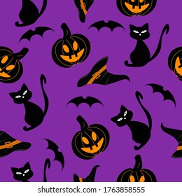 Halloween pattern. Vector illustration on a purple background. Pumpkin and cat and bat. hat. Seamless pattern.