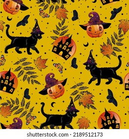 Halloween pattern. Vector illustration on a yellow background. Pumpkin, spooky house, cat and autumn leaves. Seamless pattern.