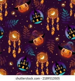 Halloween pattern. Vector illustration on a violet background. Pumpkin, spooky house, dreamcatcher, leaves and crescent. Seamless pattern.