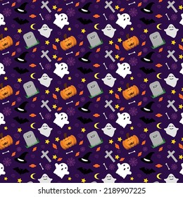 Halloween pattern vector illustration with purple background elements. Consists of pods, ghosts, graves, and spider webs, and can be used in many ways.