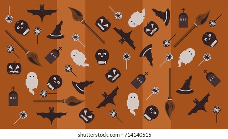 Halloween pattern vector illustration with a skull, pumpkin, ghost, bat, broom, grave stone, hat and candy 