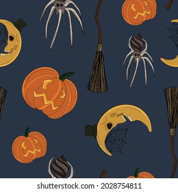 halloween pattern vector navy moon pumpkin spider graphic fabric textile