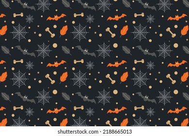 Halloween pattern vector on a scary dark background. Halloween minimal pattern design with colorful elements for wallpapers and book covers. Halloween seamless pattern decoration with bats and bones.