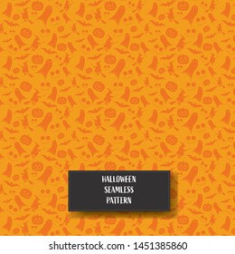 Halloween pattern vector with orange background. Symbols of witch, pumpkin, bats, ghosts. Cover, wallpaper and background material. Eps10 illustration.
