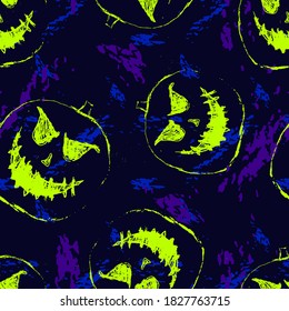 Halloween pattern. Vector seamless abstract background with scary pumpkins, ghosts, bright neon Jack o lantern silhouettes. Grunge style graphic texture. Funny scary design for decor, print, fabric