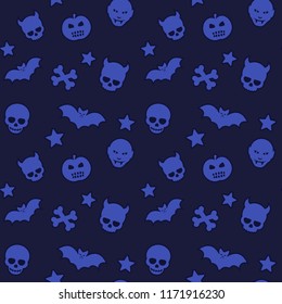 halloween pattern, vector seamless background with skulls, bats, pumpkins, vampires and stars