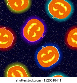 Halloween pattern. Vector seamless background with cute smiling orange pumpkins in colorful neon lighting on black backdrop. Funny design for kids, boys and girls, decoration. Simple cartoon graphic