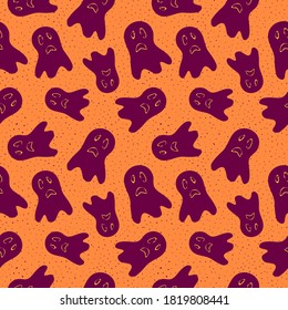 Halloween pattern. Vector seamless background with spooky ghosts, cartoon silhouettes. Purple and orange color. Simple doodle style texture. Funny scary design for kids, boys and girls, decor, print