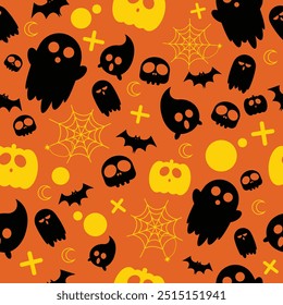 Halloween pattern. Halloween vector seamless pattern. Bright black and orange seamless pattern. Pumpkin, ghost, spider, skull. Use to background, banner, placard, party invitation card, book cover.
