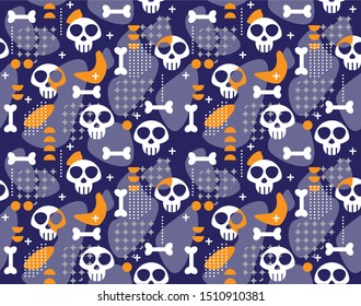 Halloween pattern vector seamless in memphis style, skulls and bones