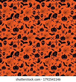 Halloween pattern in vector seamless with pumpkins bats bones spiders web