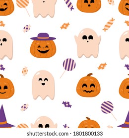 Halloween Pattern. Vector seamless pattern with sweets, pumpkins, ghosts. Vector flat illustration.