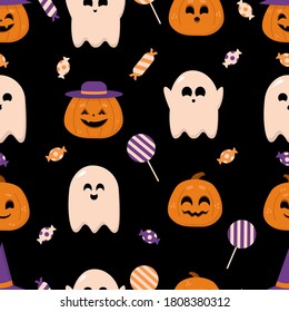 Halloween Pattern. Vector seamless pattern with sweets, pumpkins, ghosts. Vector flat illustration.
