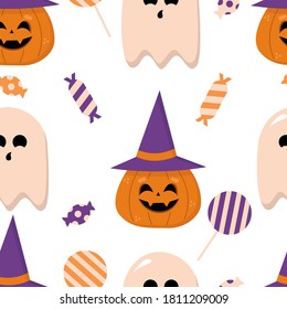 Halloween Pattern. Vector seamless pattern with sweets, pumpkins, ghosts. 