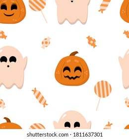 Halloween Pattern. Vector seamless pattern with sweets, pumpkins, ghost. 