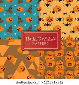 Halloween pattern vector set collections. Holiday theme with cute pumpkins background. Four seamless patterns background.