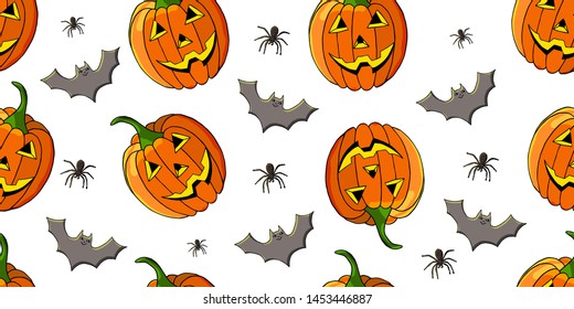 halloween pattern vector for your design. Endless texture with smiling pumpkins and bats with spiders on white background