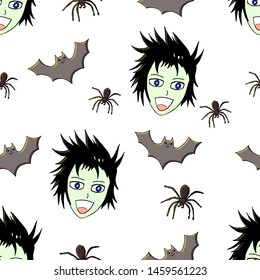 halloween pattern vector for your design. Endless texture with smiling witch face and bats with spiders on white background