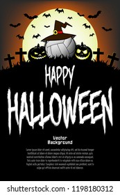 Halloween pattern. Volleyball ball with witch hat, pumpkins, flying bats and crosses on the background of the moon. Pattern for banner, poster, greeting card, party invitation. Vector illustration