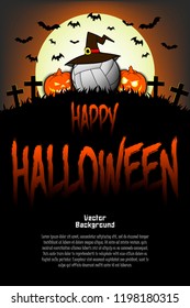 Halloween pattern. Volleyball ball with witch hat, pumpkins, flying bats and crosses on the background of the moon. Pattern for banner, poster, greeting card, party invitation. Vector illustration
