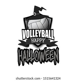 Halloween pattern. Volleyball logo template design. Volleyball ball with witch hat. Pattern for banner, poster, greeting card, party invitation. Vector illustration