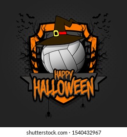 Halloween pattern. Volleyball logo template design. Volleyball ball in a hat on a background of spooky trees and bats with a shield. Pattern for banner, poster, party invitation. Vector illustration