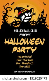 Halloween pattern. Volleyball with witch hat, pumpkins, flying bats, tree and castle on the background of the moon. Pattern for banner, poster, greeting card, party invitation. Vector illustration