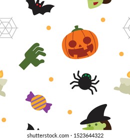 Halloween pattern and wallpaper for gift and present on Halloween day. Pumpkins, bats, zombie hands, witches, candies, spiders, waves and candles.