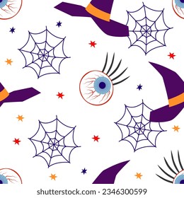 halloween pattern with web,  eyeballs and hats and cobwebs vector illustration.