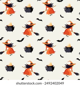 Halloween pattern with witch and cauldron. Halloween background, vector seamless pattern.