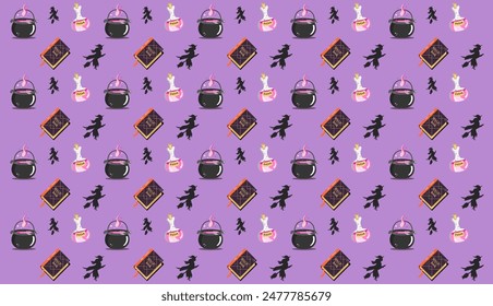 Halloween pattern with witch, cauldron, potion and spell book