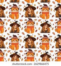 Halloween Pattern with Witch Girl and Cute Cat. Autumn Witch and Orange Cat Seamless Design