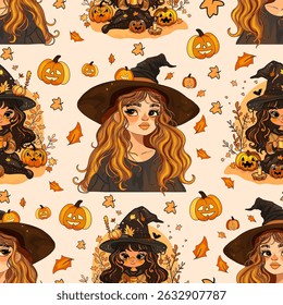 Halloween Pattern with Witch Girl and Pumpkins. Seamless Fall Background with Witch and Autumn Leaves