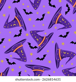 Halloween pattern with witch hat, bats and stars on purple background