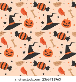 Halloween pattern with witch hat and halloween candy. Halloween seamless pattern