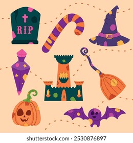 Halloween pattern with witch hats, candy canes, and pumpkins Vector
