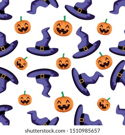 halloween pattern of witch hats with pumpkins